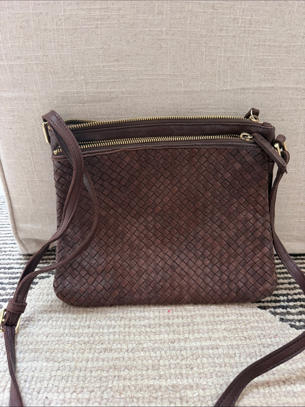 Woven Brown Leather Crossbody Bag with Gold Zippers